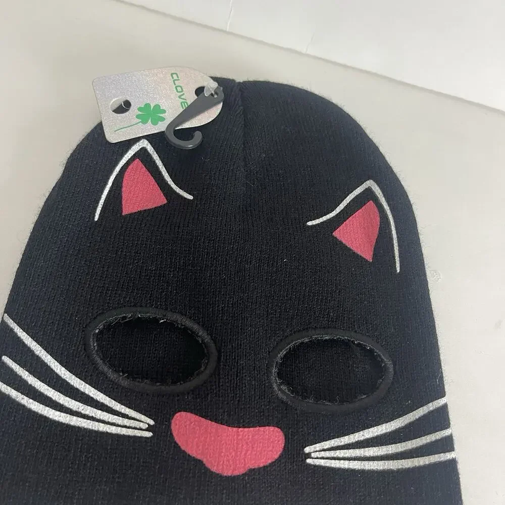 Cute Youth Size Teens Cuffless Cat Knit Mask Beanie with‎ Eye Holes Black